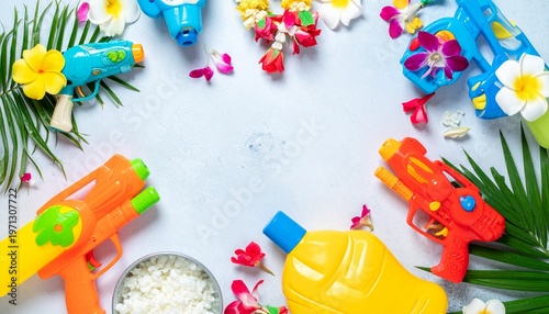 A vibrant flat lay of Songkran festival essentials with colorful decorations and water guns celebrating Thai New Year joy
