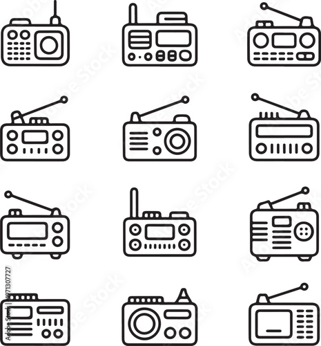 Collection of diverse vintage and modern radio icons for communication and broadcasting technology concepts