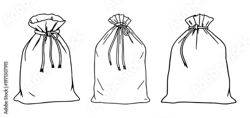Produce Bag set with simple line art design featuring a reusable cotton tote with ties and a blank label on a white background