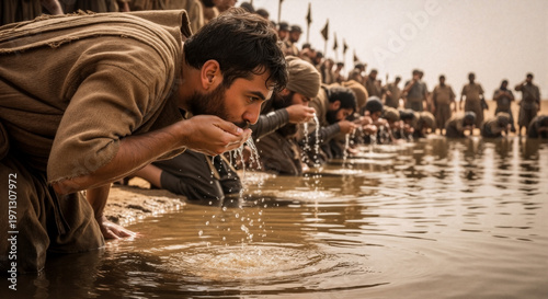 Gideon's army drinking water at a stream. Biblical test of the three hundred men in the desert. Ancient warriors kneeling to drink from cupped hands. Historical religious scene