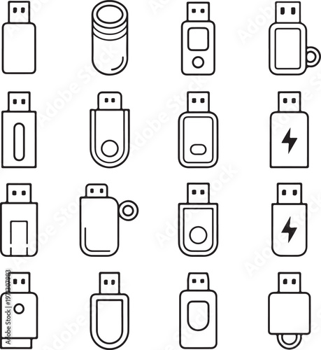 Various USB flash drive icons with different shapes and features isolated design