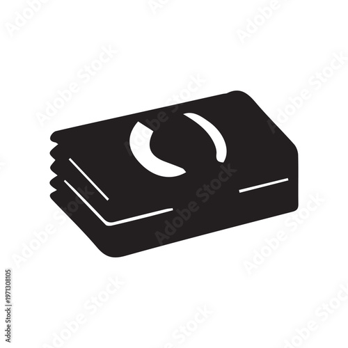 Minimalist black silhouette of stacked paper banknotes on white. Flat lighting creates a professional, secure mood for banking apps and fintech UI.