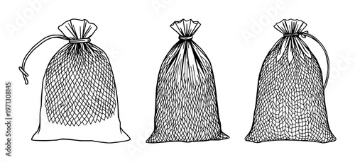 Reusable mesh string bag set with black line art on white background featuring mesh bag, string bag, reusable with eco-friendly and compact
