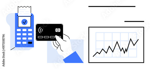 Digital payment, financial services, e-commerce, business growth, mobile banking, cashless transactions. A hand holding a card near a payment terminal and a growth chart. Digital payment