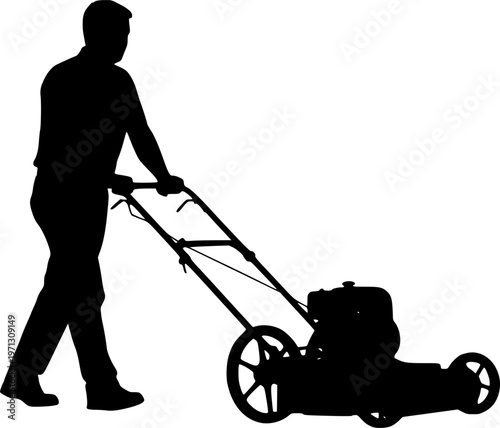 Man pushing an old green lawn mower silhouette. Lawn Mower Silhouette Stock Illustrations. Silhouette Man Pushing Lawn Mower. Black silhouette of a lawn mower on a white background. 
