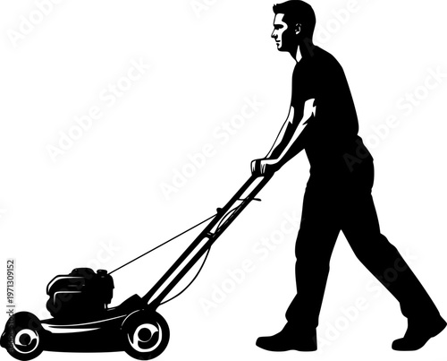 Man pushing an old green lawn mower silhouette. Lawn Mower Silhouette Stock Illustrations. Silhouette Man Pushing Lawn Mower. Black silhouette of a lawn mower on a white background. 
