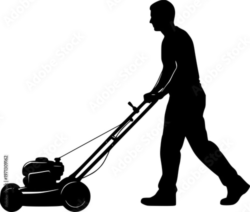 Man pushing an old green lawn mower silhouette. Lawn Mower Silhouette Stock Illustrations. Silhouette Man Pushing Lawn Mower. Black silhouette of a lawn mower on a white background. 
