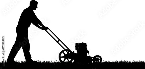 Man pushing an old green lawn mower silhouette. Lawn Mower Silhouette Stock Illustrations. Silhouette Man Pushing Lawn Mower. Black silhouette of a lawn mower on a white background. 
