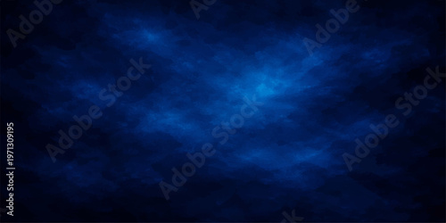 Dark blue abstract background featuring a stormy cloudscape with textures of smoke and light reflecting off deep water under a midnight sky 