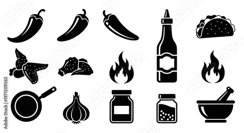 Spicy Food Ingredients and Culinary Cooking Icons Vector