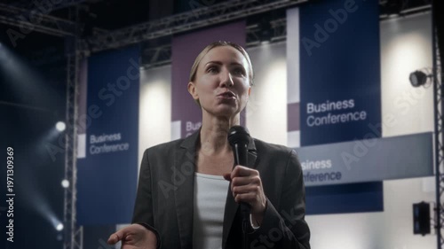 Caucasian Woman CEO Addresses Audience With Professional Slides On Company Progress And Strategy