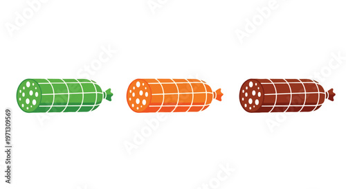 Three different types of cured sausages in green, orange, and brown colors displayed in a row on a white background