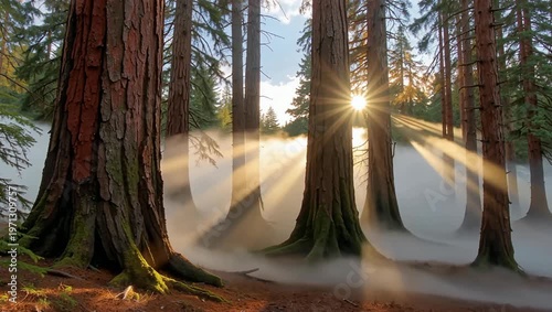 Sunlight streams through giant redwood trees in a misty forest at dawn.