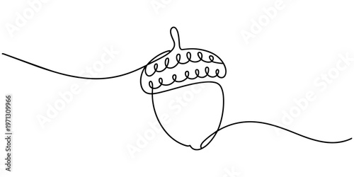 Detailed Acorn with Textured Cap and Smooth Shell  continuous one line drawing, Simple Line Art Drawing of an Acorn, Oak Nut Seed Illustration.
