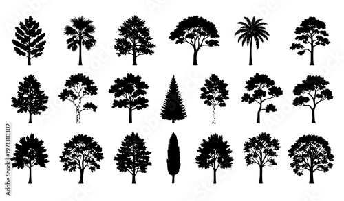 Set of diverse tree silhouettes in clean black vector style for nature design and landscaping concepts