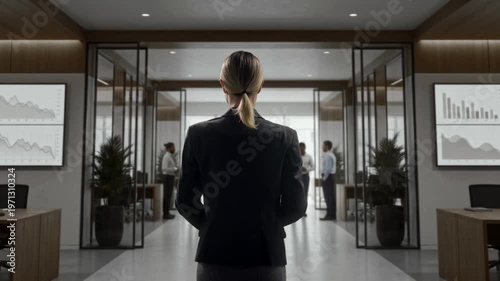 Leader In Office. Female Manager Observes Team And Analytics In Sleek Contemporary Office Environment