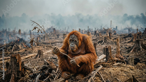 Displaced Orangutan Surviving in Burned Deforested Palm Oil Plantation
