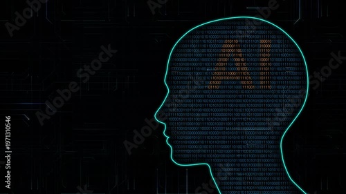 Abstract Neon Head With Binary Code Pattern. Cybernetic Silhouette Of Head With Digital Circuitry Design