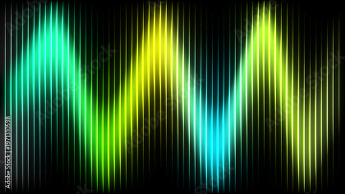 Neon sound wave background, vibrant audio equalizer visualization, glowing green and yellow light bars, digital music frequency spectrum
