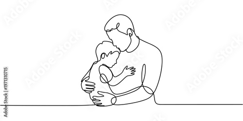 self drawing of continuous line draw happy father's day. Father hugs his little son. Father's Day. Father and son playing line art drawing, Father and child.