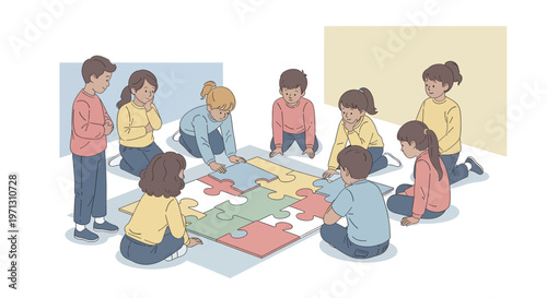 Children collaborating on a large puzzle, fostering teamwork and problem-solving skills