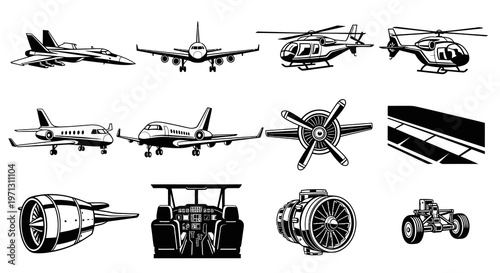 Aviation Industry and Aircraft Components Vector Set
