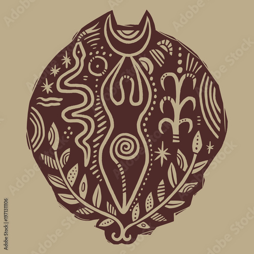 Minimalist Neolithic Mother Goddess, vector clip-art boho sacred feminine abstract figures in linocut engraving style, nature grounding illustration