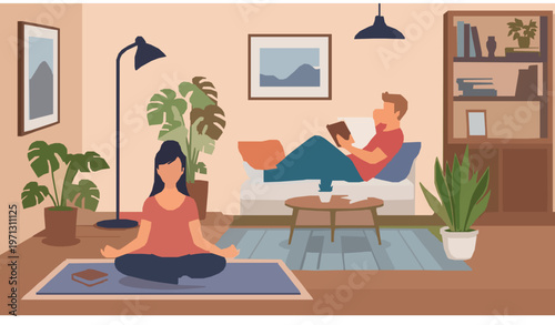 Couple at Home Meditation Cozy Modern Apartment Relax Lifestyle Vector Illustration