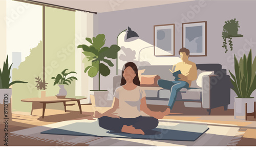Modern Couple Home Yoga Meditation Living Room Relaxation Vector Illustration
