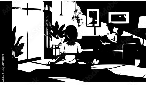 Peaceful Couple Home Lifestyle Meditation Cozy Interior Vector Illustration