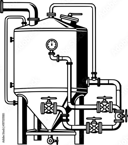 Flat illustration of industrial conical fermenting tank with pipes and valves isolated on white background

