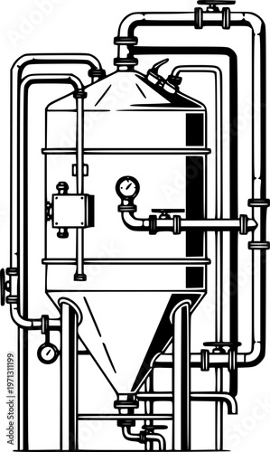 Flat illustration of industrial conical fermenting tank with pipes and valves isolated on white background
