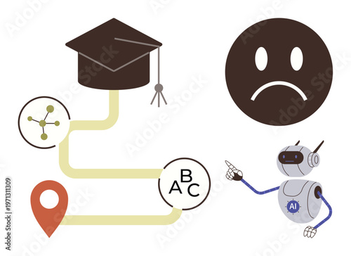 Education, artificial intelligence, learning challenges, academic goals, technology in education, decision pathways. A robot and frowning face near a path to a graduation cap. Education and learning
