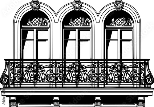 Elegant vintage-style ornate balcony with three arched windows and intricate wrought iron railing flat illustration isolated on white background
