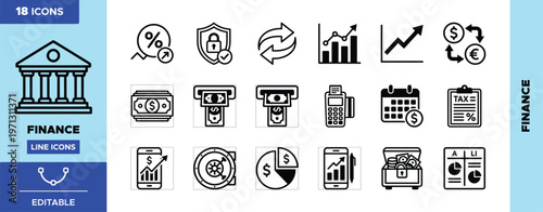 Finance Line Icons, 18 editable vector icons for financial services and banking. Modern business and investment symbols, perfect for web and mobile UI/UX design.