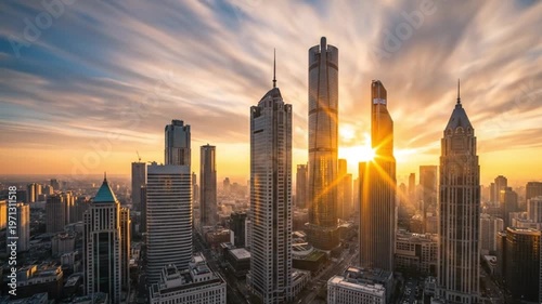 Sunlight beams between tall buildings creating a dramatic and inspiring urban scene. Perfect representation of modern city life and architecture.