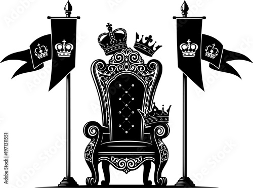 Elegant royal throne with crowns and flags in intricate black flat illustration style isolated on white background
