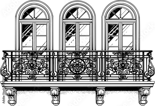 Elegant vintage-style ornate balcony with three arched windows and intricate wrought iron railing flat illustration isolated on white background
