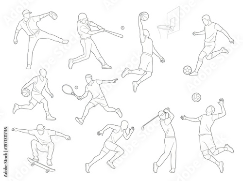 Detailed CAD Outlines of Diverse Sports Figures in Action, Capturing Athletic Poses for Technical Design and Graphic Projects