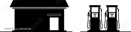 Flat vector silhouette of gas station pumps and small building in minimalist black and white style isolated on white background
