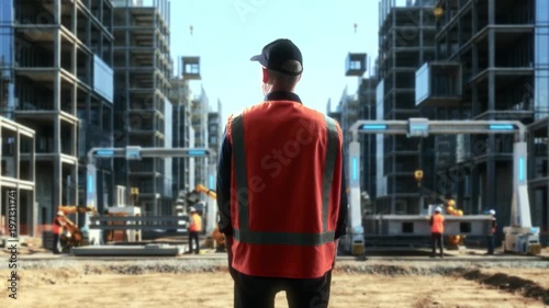 Construction Site Supervisor. Coordinator Supervising Workers And Machinery On Tall City Constructions