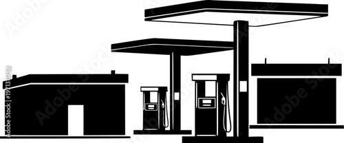 Flat vector silhouette of gas station pumps and small building in minimalist black and white style isolated on white background
