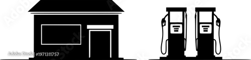 Flat vector silhouette of gas station pumps and small building in minimalist black and white style isolated on white background
