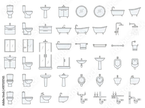 Collection of bathroom furniture and fixtures, including toilets, sinks, bathtubs, showers, and accessories, presented in a clean, graphic style
