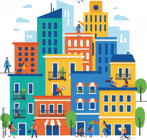 A vibrant and colorful illustration of a bustling city neighborhood with people and buildings