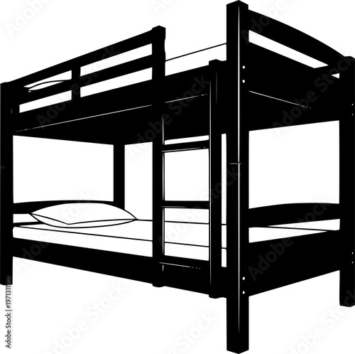 Black silhouette of bunk beds with ladder and mattresses
