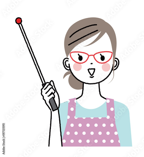 エプロンをした女性　指示棒で教えている女性