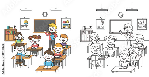 Cute cartoon classroom illustration with teacher and students. Color version and black and white line art coloring page outline design for kids education.