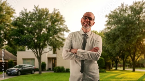 Happy Mature Man Standing Near House And Vehicle. Confident Middleaged Man Posing With Arms Crossed Outdoors