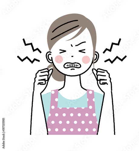 エプロンをした女性　イライラしてヒステリックな表情をしている女性